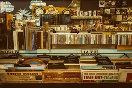 Bacs de disques vinyles et CD classés par genres dans un magasin de musique