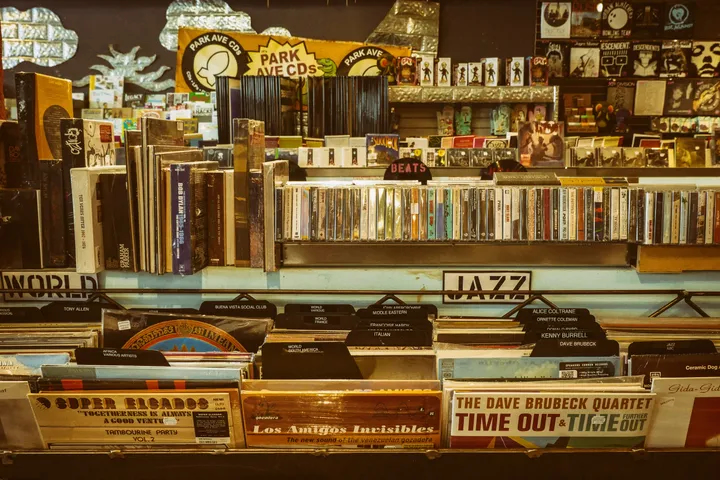 Bacs de disques vinyles et CD classés par genres dans un magasin de musique