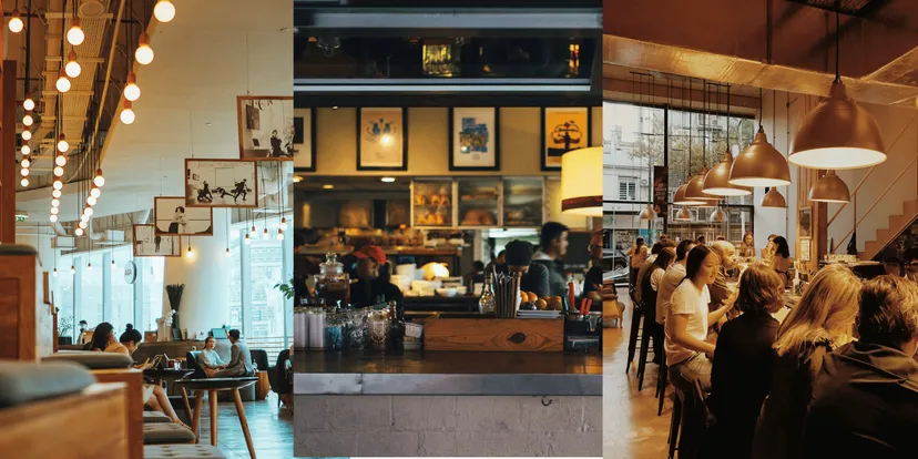Trois ambiances de restaurant : salle spacieuse, comptoir de bar et clientèle attablée au bar.